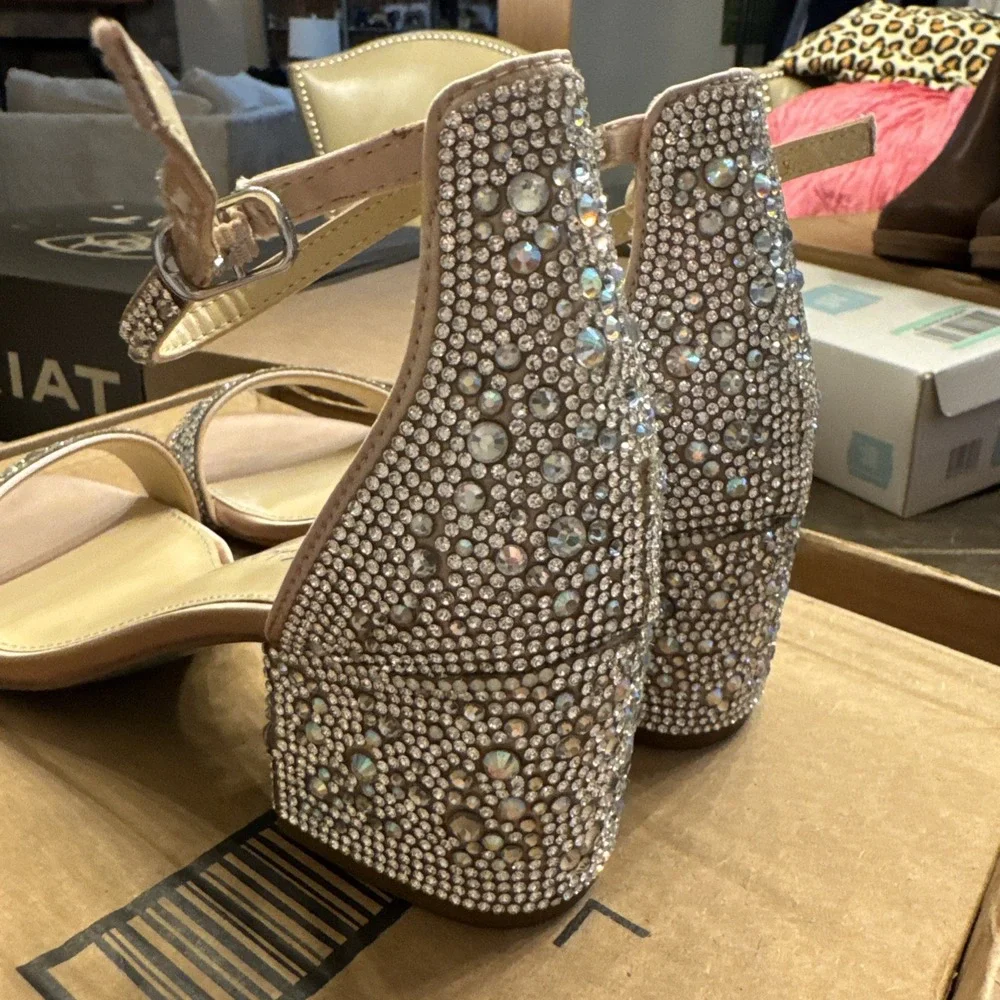 Embellished Block Heel Sandal in Blush with Silver Crystals